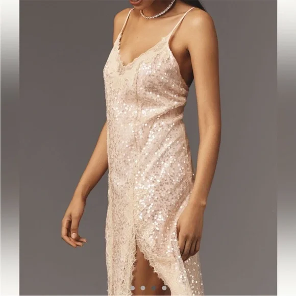 Anthropologie En Elly Sleeveless V-Neck Lace Sequin Slip Midi Dress - Picture 3 of 7